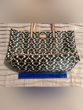 Coach Black and White Signature Tote with Tan Trim